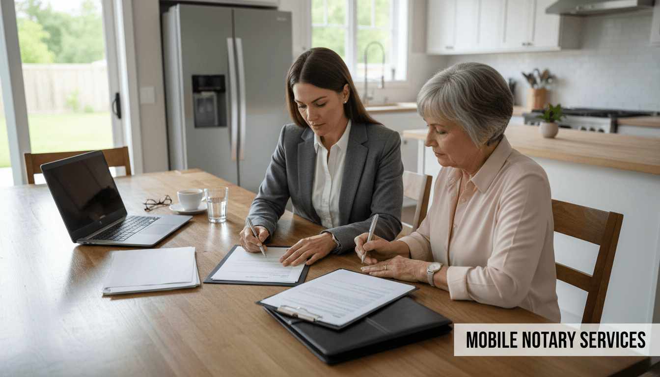 Professional notary public reviewing documents with a client at their home in Spring, Texas