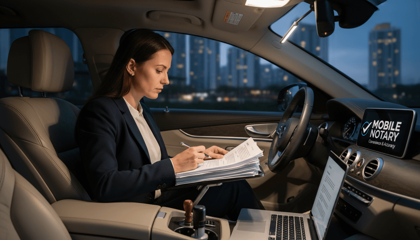 Professional notary reviewing loan documents with client at modern glass desk in bright office