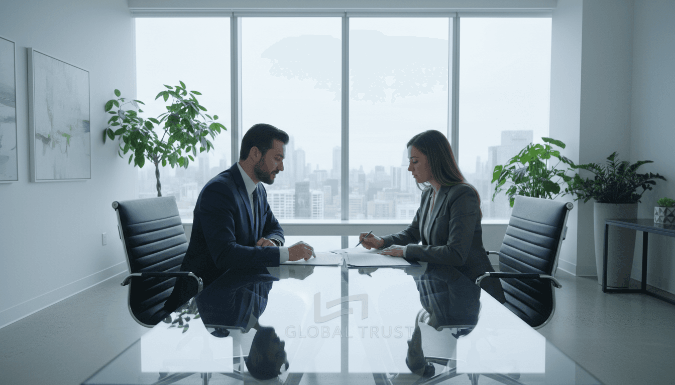 Notary working with business professional in modern office