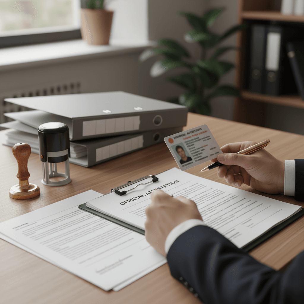 Notary public examining client identification document with official papers and notary seal on desk