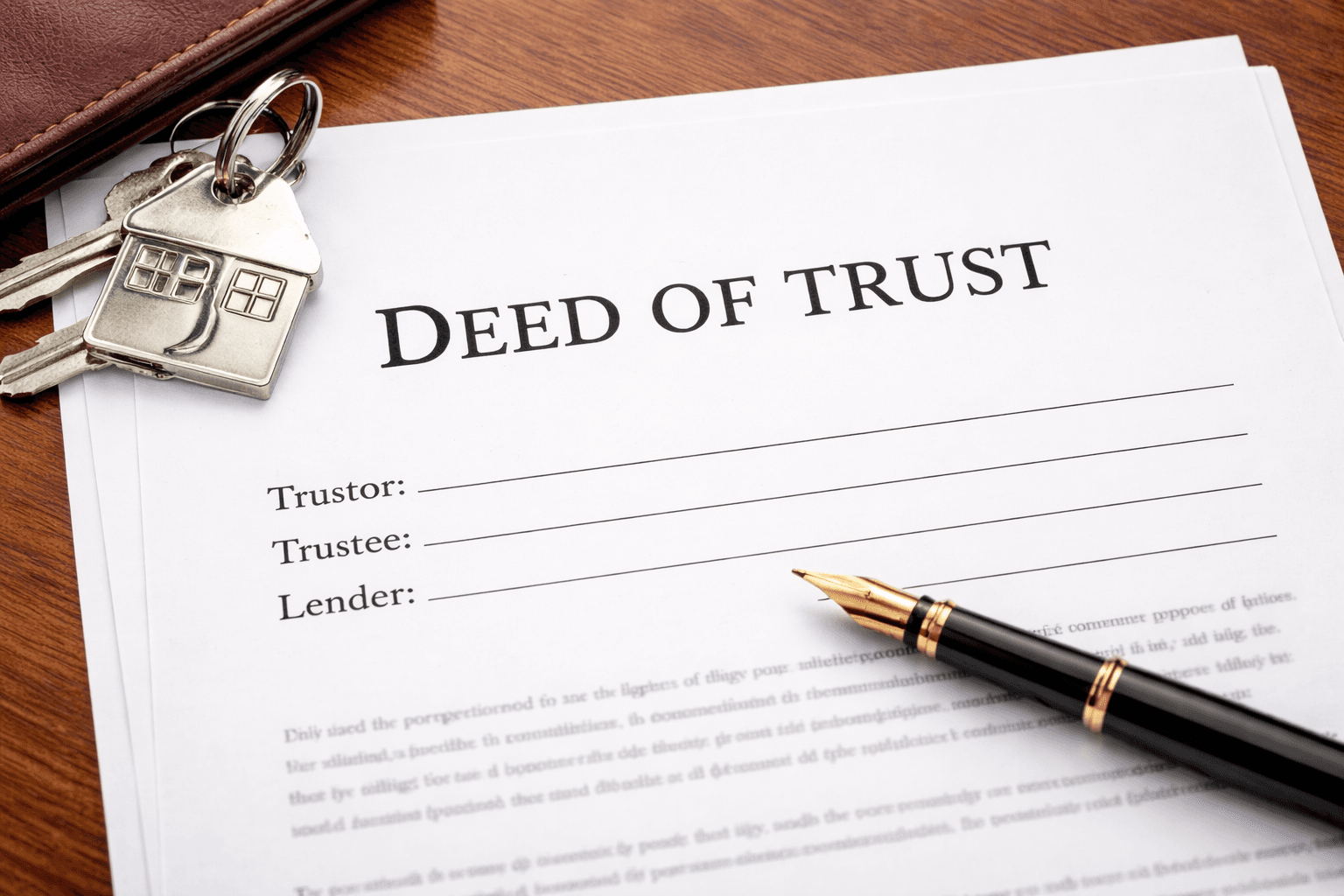 Deed of Trust document with house-shaped keychain and fountain pen on a wooden desk.